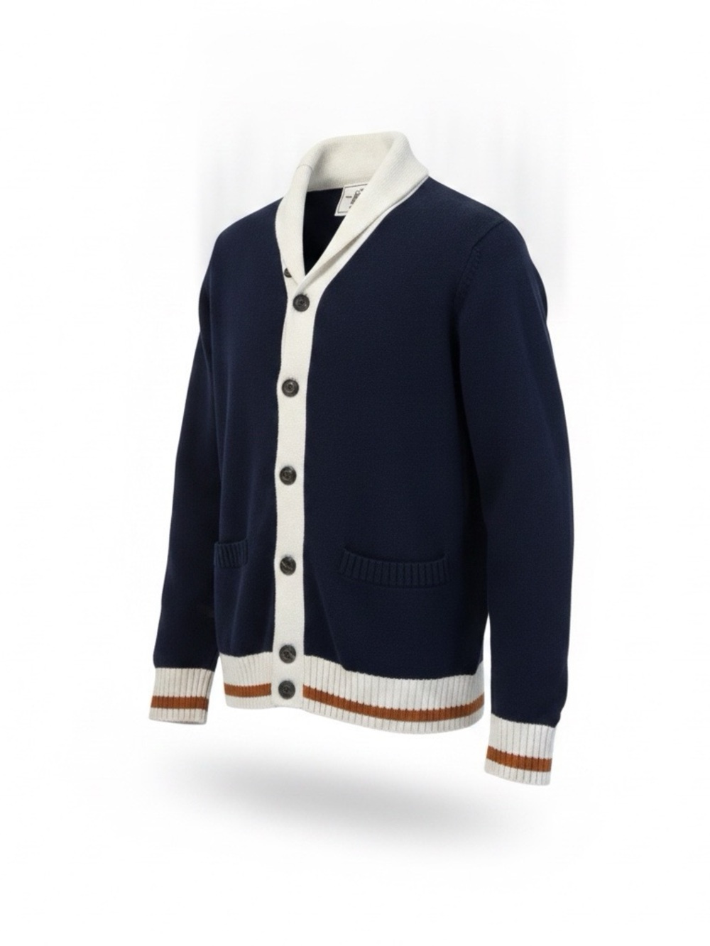 Men's Navy Shawl-Collar Button Cardigan with Contrast Trim